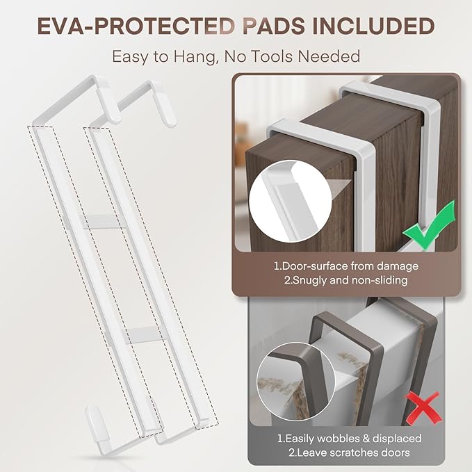 FYY 2 Packs Over The Door Hooks, Double Sided Door Hanger Hook - Heavy Duty No Drill Wall Hooks for Hanging Coats, Towels, Bags, Kitchen Closet Fits Most Doors Up to 1-7/8" Thickness (7.8" L, White)