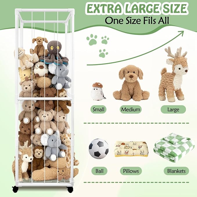 Stuffed Animal Storage Zoo with Wheels, 65" Tall Large Stuff Animals Plushies Holder Toy Organizer Kids Plush Storage Cage PVC with Elastic Band and Net for Nursery Playroom Corner for Toddler