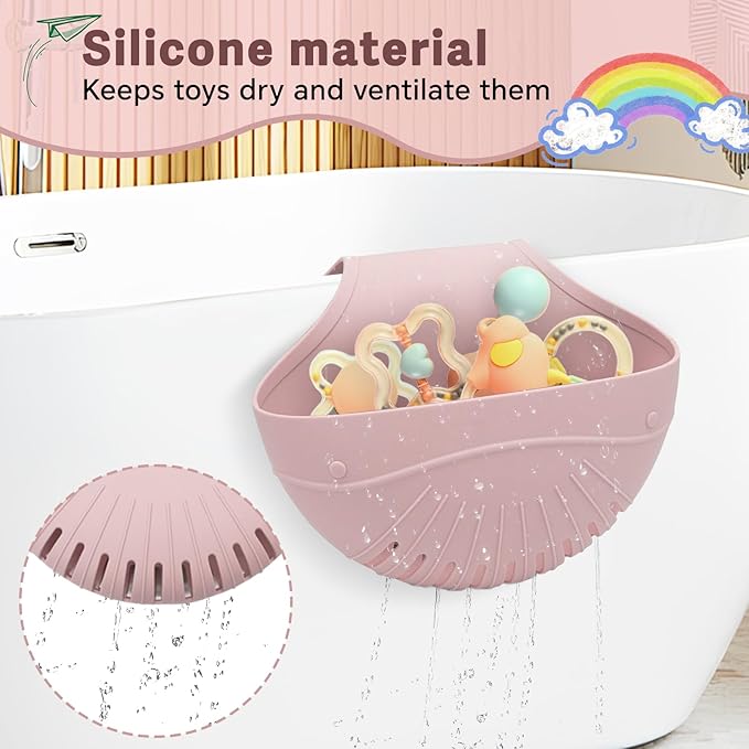 Silicone Bath Toy Organizer for Tub, Flexible 2-Compartment Bathtub Storage Basket for Kids & Adults, Drainable Toy Holder and Foldable Shower Caddy for Bathroom Essentials（Pink）