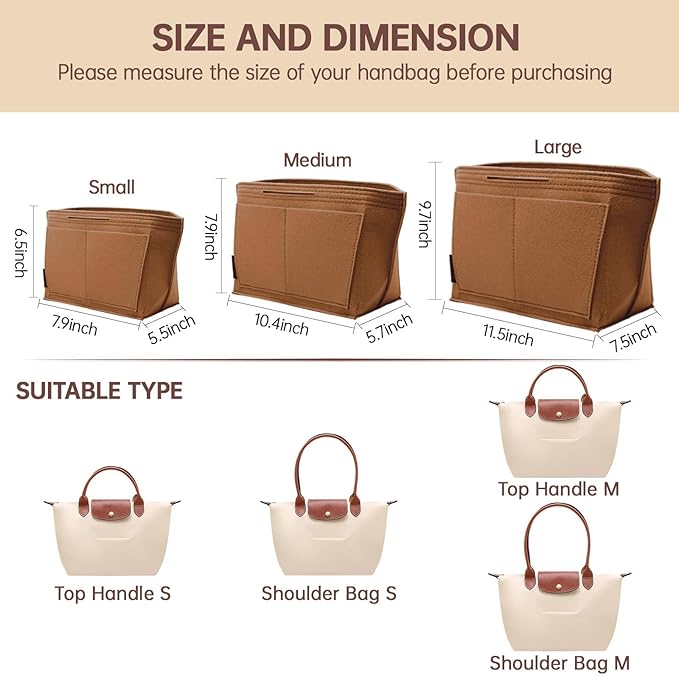 OPPOSHE Purse Organizer Insert for Longchamp Le Pliage, Premium Felt Long Champ Bag Handbag Women, Tote Organizer Insert with 6 Compartments (Small, Earth Brown)