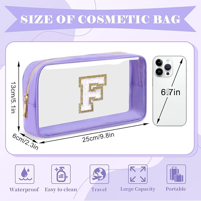 Personalized Initial Letter Clear Makeup Bag,Preppy Small Nylon&PVC Cosmetic Zipper Bag with Chenille Letter,Travel Skincare Toiletry Bag,Monogram Christmas Gift for Teen Girls Women,F