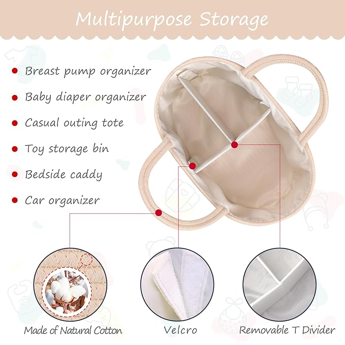 COMSE Large Baby Diaper Caddy Organizer for Girl Boy, Car Caddy with Handles, Cotton Rope Basket for Changing Table, Nursery Organizer, Gift for Baby Shower and Registry Must Have, Beige