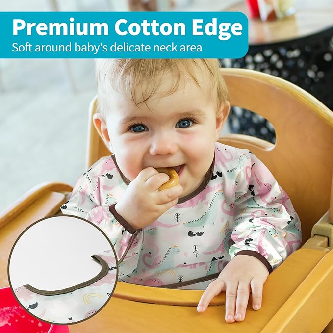 3 Pcs Long Sleeved Bib Set | Baby Waterproof Bibs with Pocket Bundle Toddler Bib with Sleeves and Crumb Catcher 6-24 Months