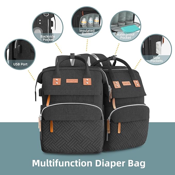 ISMGN Diaper Bag Backpack with Changing Station, Large Diaper Bag, Baby Bag, Multifunctional Diaper Bag, Black