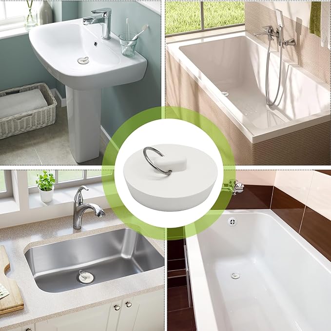 2 PCS 2 Inch to 2-1/8 Inch Rubber Drain Stopper with Hanging Ring, White Tub Drain Stopper, Sink Stopper Drain Plug, Rubber Sink Plug for Bathroom, Bathtub, Sewers and Kitchen