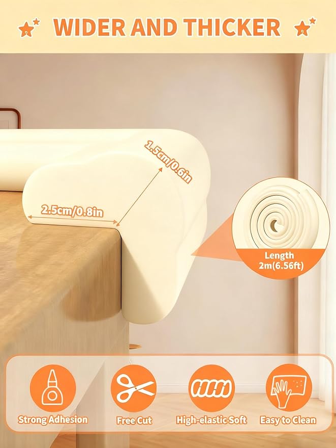 QYV Edge Corner Protector Baby Proofing, 6.56FT 0.6'' Thicken L-Shape Furniture Fireplace Safety Bumper Guard with 6 Corners, Pre-Taped, Soft NBR Rubber Foam, Table Edge Protector for Baby (Beige)