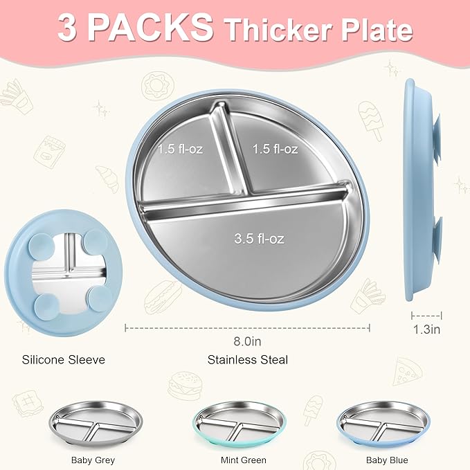 Bella's Friends Stainless Steel Toddler Plates Silicone Suction,3 Packs Non-Slip Baby Plates,Divided Portion,Food-Grade Silicone Plate for Kids,LEAD-FREE Dishwasher Safe, Green Blue Gray