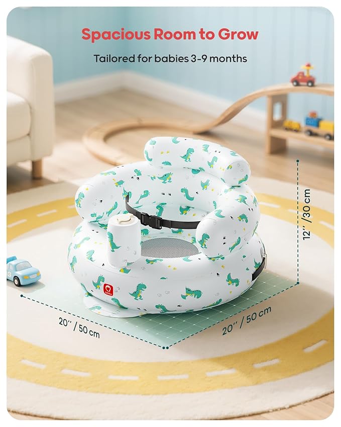 QPAU Inflatable Baby Seat with Safety Harness for Babies 3 Months & Up, Baby Floor Seats for Sitting Up, Baby Seats for Infants, Blow Up Baby Chair with Built in Air Pump (Green Dinosaur Pattern)