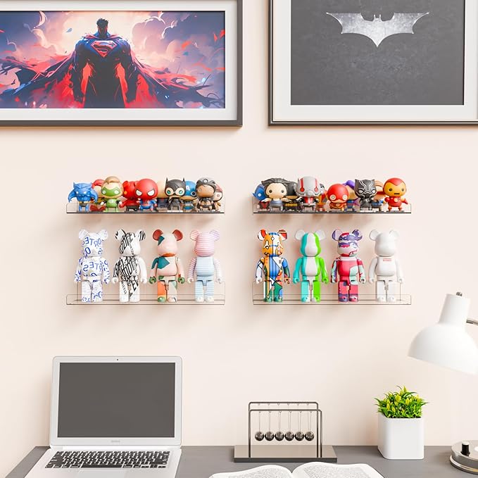 Yieach 4 Pack 15" Acrylic Shelves for Wall,Bathroom,Bedroom - with Adhesive - No Drilling Clear Floating Shelves for Funko Pop,Lego,Action Figures,Nail Polish,Perfume Shelf and Wall Storage & Display