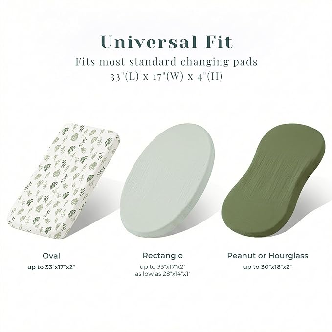 3 Pack Muslin Changing Pad Covers for Girl, Boy, 100% Soft Cotton Changing Table Cover, Breathable Baby Nursery Diaper Chang Pad Sheets (Leaf)