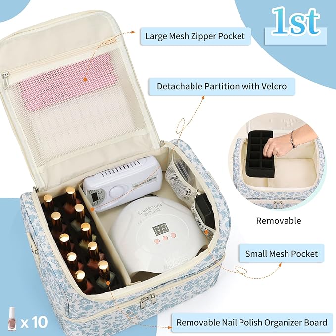 CUBETASTIC Nail Polish Organizer, Nail Supplies Storage Case Holds 45 Bottles Nail Polish & Nail Lamp, Travel Nail Tech Carrying Bag, Nail Kit Bag For Nail Stuff & Manicure Tools