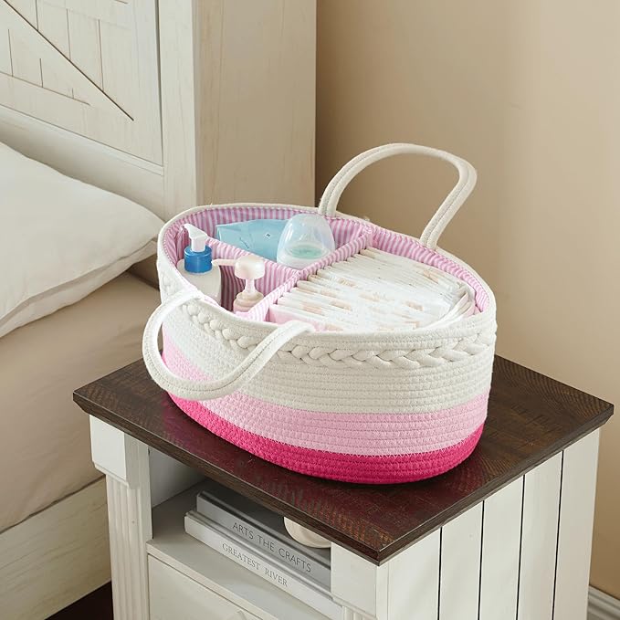 luxury little Diaper Caddy Organizer, Large Cotton Rope Nursery Baby Basket, Changing Table Organizer for Baby Diaper Storage, Portable Car Organizer Removable Divider (Pink, Extra Large)