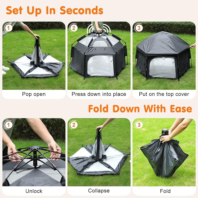 Zooawa Pop Up Playpen for Baby, Portable Playpen for Babies and Toddlers with Removable Sun-Shades& 2 Side UV Covers, Lightweight Outdoor Baby Play-Pen for Beach Home with Travel Bag, Black