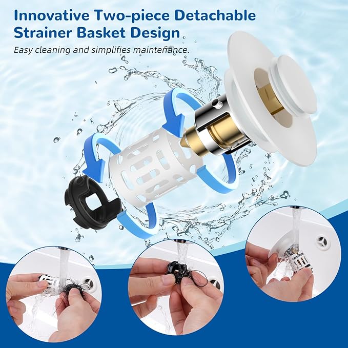 Hibbent 2 Pack 3 in 1 Bathroom Sink Drain Strainer, Universal Pop Up Stopper with Removable Stainless Steel Filter Basket Hair Catcher, Sink Plug for 1.1''~2.36'' Basin, Brass Bullet Core, White