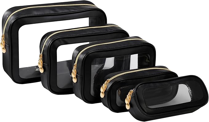 5PCS Diaper Bag Organizer Pouch Set，Clear Organizer Bags,TSA Approved Toiletry Bag,Clear Waterproof Cosmetic Bags with Zipper,Purse Organizer Pouches,Travel Organizer Bags for Woman and Kids,Black