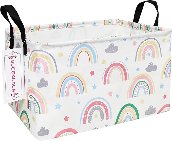 QUEENLALA Rectangular Laundry Hamper/Foldable Nursery Laundry Basket for Organizing/Storage Bin Baskets/Children Toy Office Bedroom/Toy Bin Closet Shelf Baskets（Rec-Rainbow）