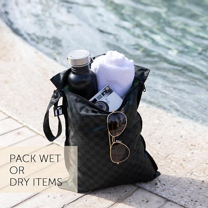 Bumkins Roamio Waterproof Wet Bag - For Baby, Travel, Swim Suit, Cloth Diapers, Pump Parts, Pool, Gym, Toiletry, Strap to Stroller - Reusable & Easy to Clean - 2pk - Beige & Black Check
