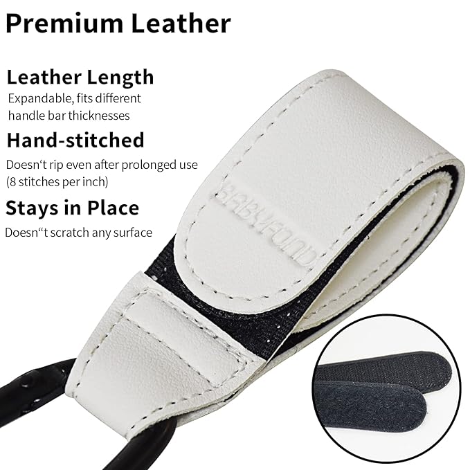 2 Pcs Stroller Hooks for Hanging, Portable Leather Style Stroller Clip Straps, Baby Stroller Hooks for Diaper Bags Grocery Shopping Bags, Mommy Hook for Stroller (White)