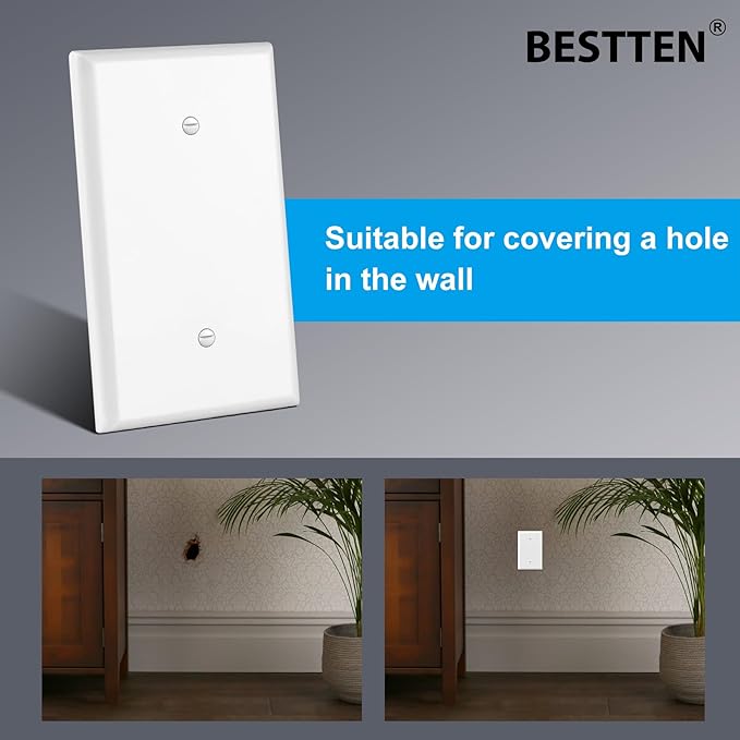 BESTTEN 10 Pack 1-Gang Oversized Blank Wall Plate, Unbreakable Polycarbonate Receptacle Outlet Cover, Gloss Finish, White, ETL Listed