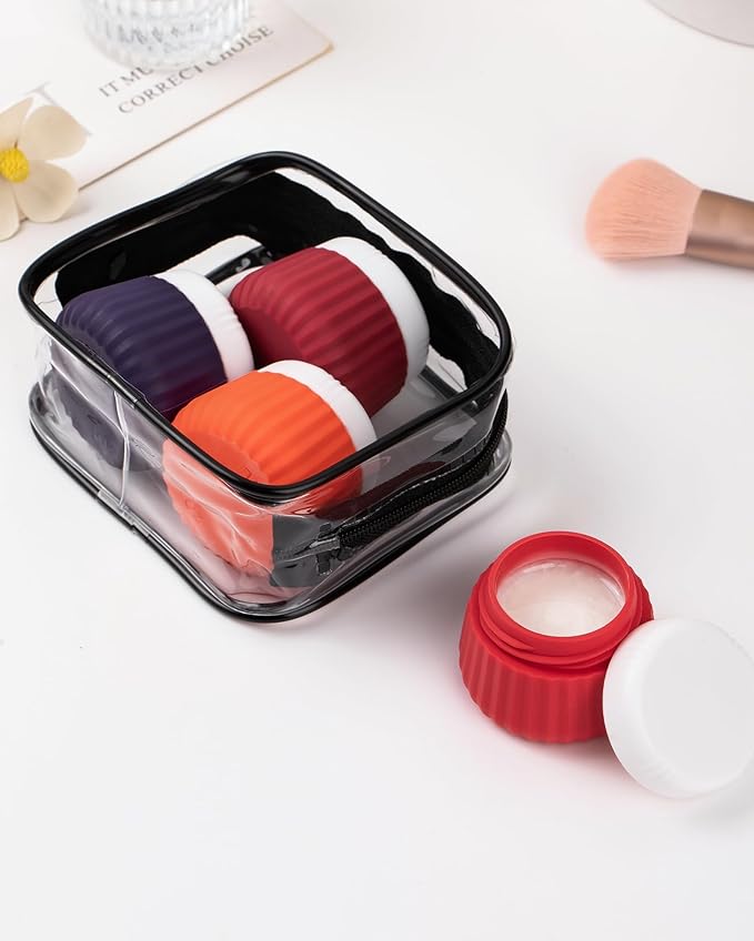 4 Pack Travel Size Toiletries, TSA Approved Silicone Jars, Leak-Proof, Wide Opening, Portable with Clear Bag
