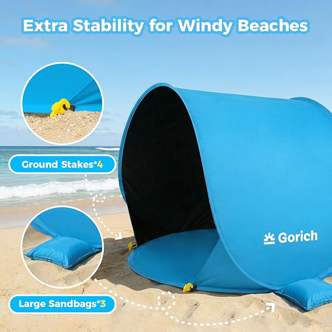 Gorich Pop Up Baby Beach Tent with UPF50+ UV Protection, Portable Toddler Sun Shelter with Mesh Ventilation, Lightweight & Foldable Play Shade Tent for Beach, Park & Backyard