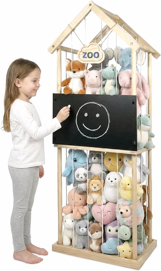 Paquber Stuffed Animal Storage Zoo & Stuffed Animal Holder - Wooden Plush Toy Storage for Kids Room | Natural Pine Wood Toy Organizer with Chalkboard and Elastic Cords