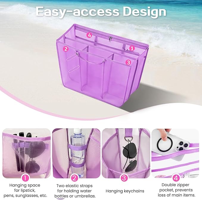 XYFuuee Beach Bag Organizer Inserts for Large Simple Modern Bag Accessories, with 8 Removable Metal Fasteners, Lightweight Mesh Insert Divider Pouch, Organizing Rubber Tote, Save Space, Purple