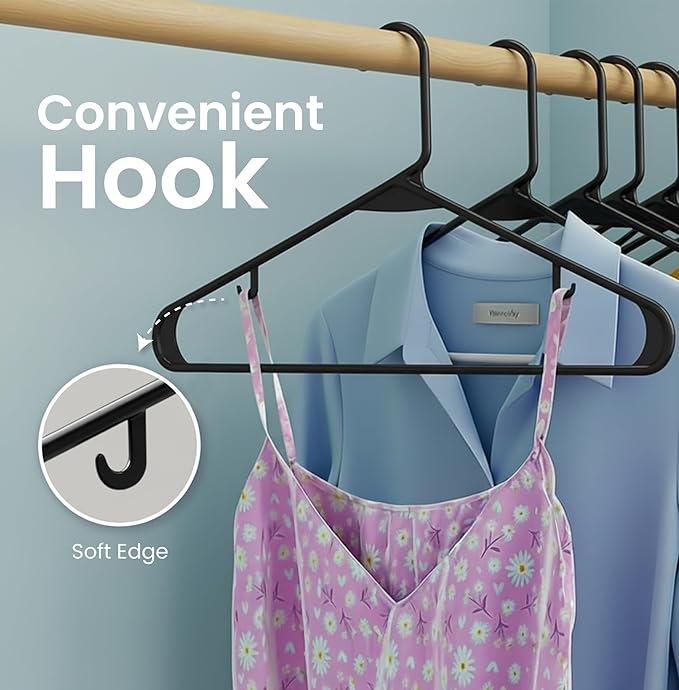 Utopia Home Plastic Hangers 20 Pack - Space Saving Clothes Hanger - Durable & Strong Closet Organizers and Storage with Built-in Strap Hooks - Essential for Shirts, Pants, Skirts & Coats (Black)