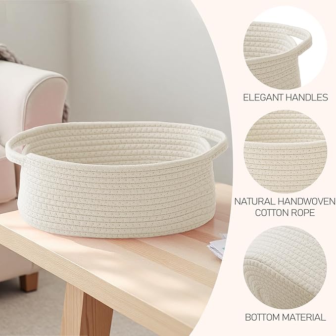 JMvicyroam Woven Basket,Small Rope Storage Bin with Handles & Ribbon Bag, Organizer for Shelves Closets,Gift Basket Empty for Birthday,Books,Dog Toys,White/3 Pack