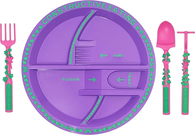 Constructive Eating Plate and Utensils Set - USA-Made Toddler Dinnerware with Divided Plates (Garden Fairy)