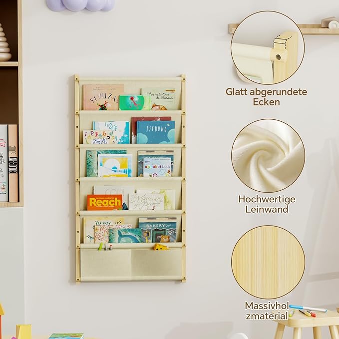 Wood 6-Tier Wall Mounted Kids Bookshelf – Floating Book Shelf For Kids Rooms,Nursery & Classroom, Hanging Bookcase Organizer For Books,Toddler Book Shelf, Montessori Bookshelf, Nursery Shelves (Small)