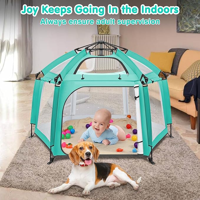 Zooawa Pop Up Playpen for Baby, Portable Play Yard for Babies and Toddlers with Removable Sun-Shades& 2 Side UV Covers, Lightweight Outdoor Baby Playpen with Travel Bag,Beach,Home, Mint Green