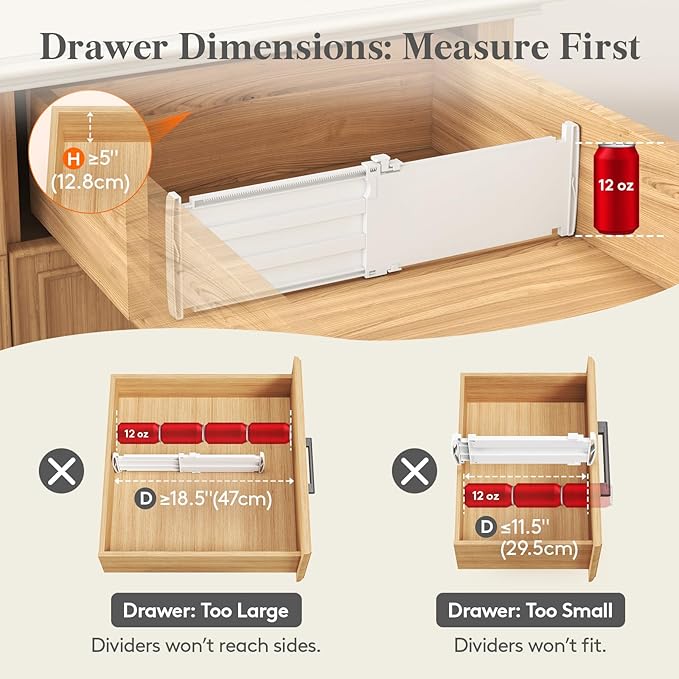 Lifewit 5" Tall 6 Pack Drawer Dividers, 30-47cm/11.5-18.5" Expandable Drawer Divider for Clothes, Adjustable Dresser Drawer Organizers, Drawers Separators for Dresser/Bathroom/Closet/Kitchen White
