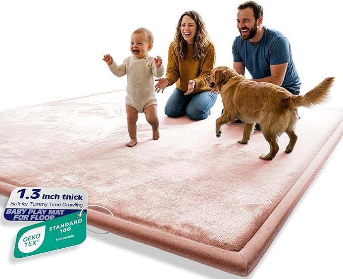 AEOCOO 60x80 Baby Play Mats for Floor, 1.3" Thick Tummy Time Mat for Infant, Extra Large Memory Foam Rug for Crawling, CloudSoft Velvet Non Slip, Baby Floor Mat Kids Nursery Rug, Living Room, Pink