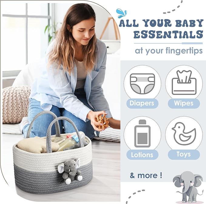 Elephant Diaper Caddy Organizer Elephant Cart Storage for Nursery with Handle Baby Shower Basket Gift Baby Bath Caddy for Diapers Wipes Basket for Nursery(Large)