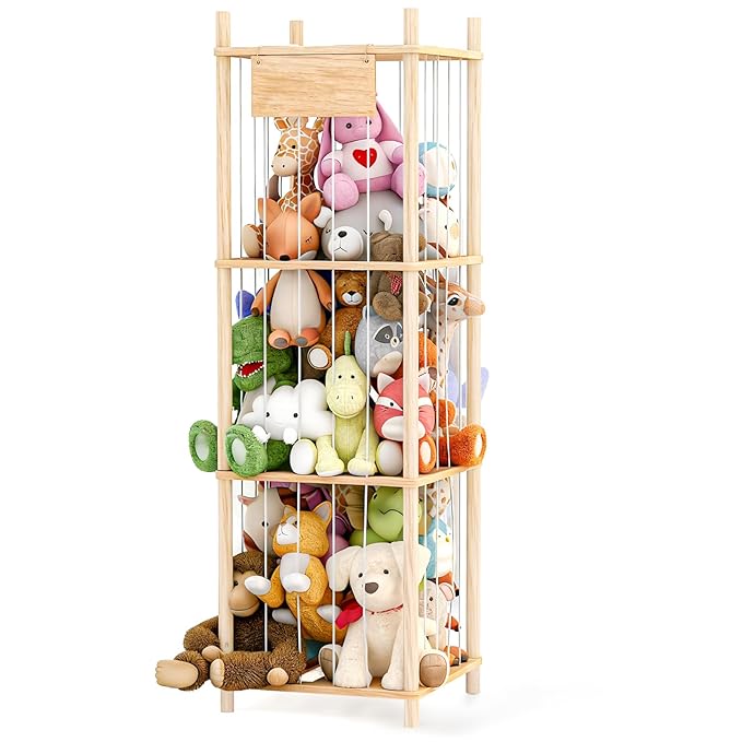 Dayacoco Stuffed Animal Storage, Wood Stuffed Animals Organizer Holder Zoo, Extra Large Capacity Stuff Storage with Elastic Band and Net for Nursery Kids Play Room Bedroom (Pine wood)