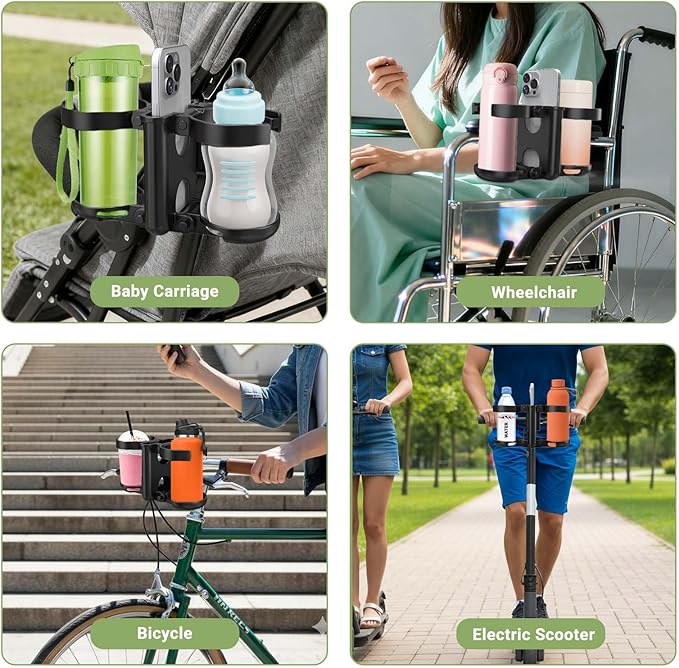 ZealSound Stroller Cup Holder, 3-in-1 Bottle Holder with Phone Holder for Wheelchair, Stroller, Bike, Walker, Scooter, Foldable Universal Drink Holder for Uppababy, Bugaboo, Nuna, Doona