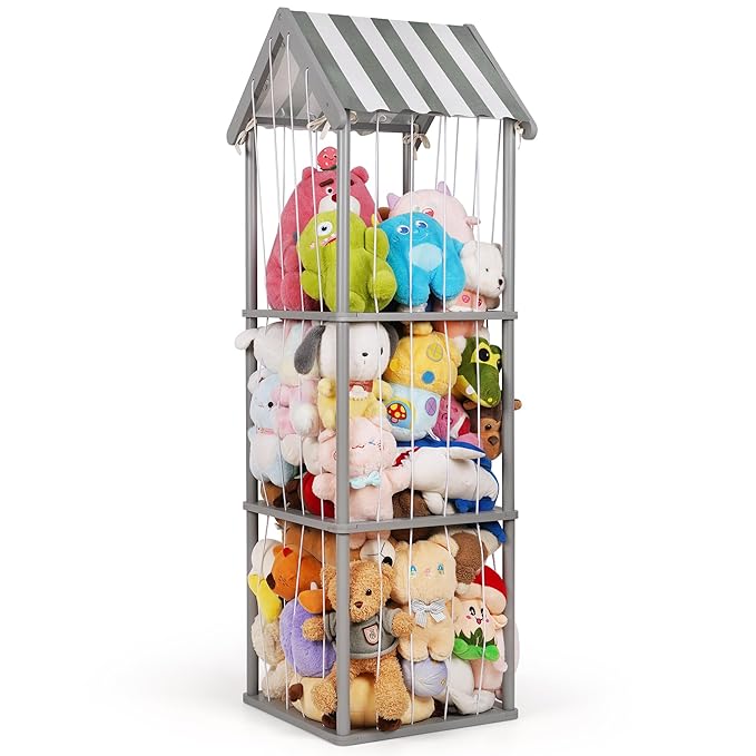 Edudif Stuffed Animal Storage, Space Saving Vertical Stuffed Animal Holder Wood, Easy Assembly Cottage-Style Plush Toys Organizer for Bedroom & Playroom (Gray, Large)