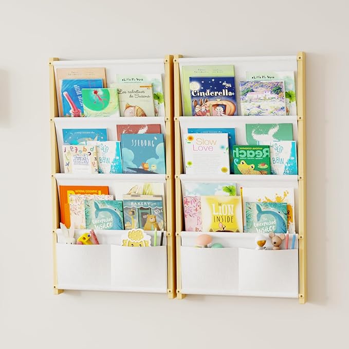 Wood 4-Tier Wall Mounted Kids Bookshelf – Floating Book Shelf For Kids Rooms,Nursery & Classroom, Hanging Bookcase Organizer For Books, Nursery Shelves, Toddler Book Shelf, Montessori Bookshelf 2 pack