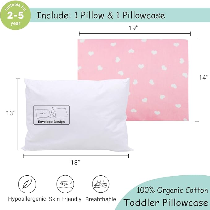ZPECC Toddler Pillow with Pillowcase - 13x18 Organic Cotton Hypoallergenic Kids Pillow, Baby Essentials for Travel Crib Daycare Stroller (Intended for Age 2 and up) Love