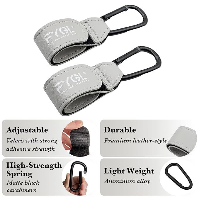 Stroller Hooks - Leather Buggy Clips, Pushchair Carabiner Clip for Bags, Easy Attachment for Pram, Universal Stroller Clips and Hooks, Stroller Accessories - Grey (2 Pack)