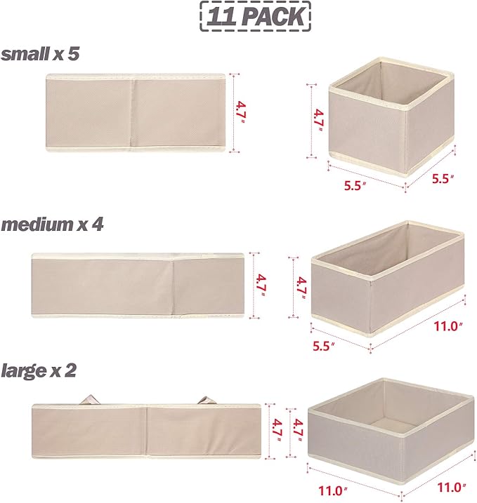 DIOMMELL 11 Pack Foldable Cloth Storage Box Closet Dresser Drawer Organizer Fabric Baskets Bins Containers Divider for Clothes Underwear Bras Socks Lingerie Clothing,Beige 245