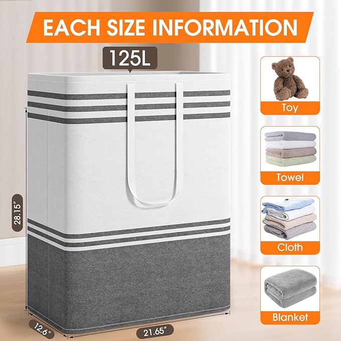 4 Pack Large Laundry Baskets, Laundry Hampers, Freestanding Waterproof Collapsible Clothes Bag with Extended & Reinforced Handles - Clothes Basket for Dorm, Bathroom, Home (125L)