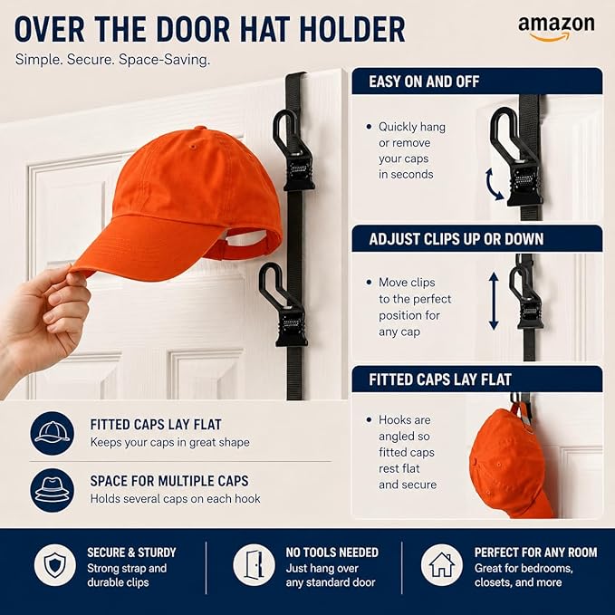 Perfect Curve Cap Rack | Over-The-Door Hat Organizer | Nine hooks holds 9-18 Caps | Baseball Cap Rack for Door | 1 Strap | Black