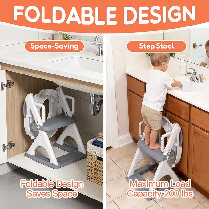 Potty Training Seat ，SKYROKU Potty Training Toilet with Step Stool Ladder, for Kids Boys Girls Toddlers - Comfortable Safe Potty Seat with Anti-Slip Pads Ladder (8899Pro-Grey)