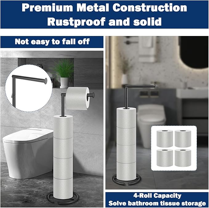 NearMoon Bath Toilet Paper Holder Stand- Modern Tissue Roll Holder Standing with Balanced Base, Rustproof Toilet Roll Holder for Bathroom/Kitchen Countertop (Matte Black, Metal Base)