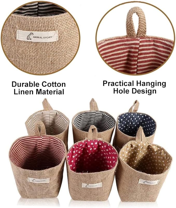 6 PCS Mini Hanging Storage Bags, Anberky Cotton Linen Small Storage Basket Wall Hanging Organizer Box Wall Mounted Storage Pocket Collapsible Decor Bin Bag with Handle for Wall Door Closet (#A)