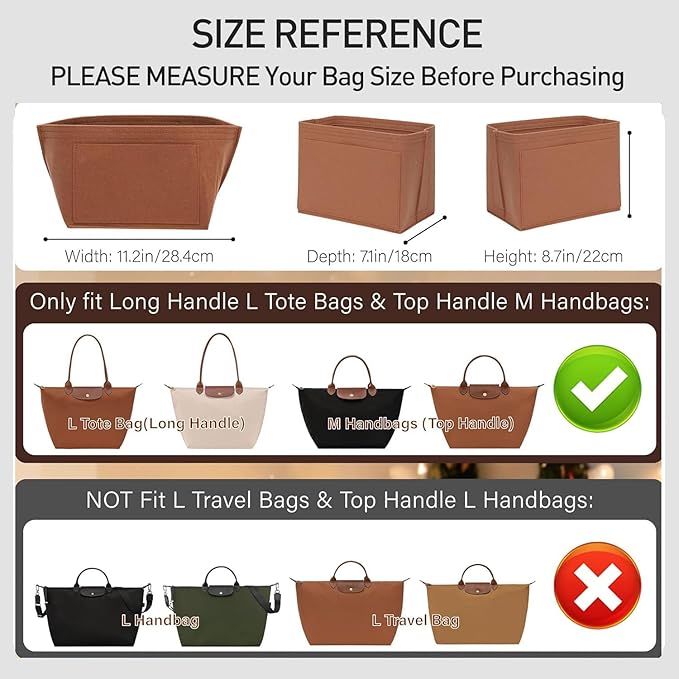 Felt Purse Organizer Insert Compatible with Longchamp Le Pliage Large and More, Zipper Bag Organizer Insert with Cup Holder for Tote Handbags, 8 Compartments (Gold Brown,L)