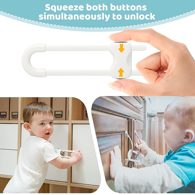 Baby Proofing Cabinets, Sliding Cabinet Locks for Babies, Adjustable U Shaped Baby Safety Locks, Childproof Cabinet Latch for Kitchen, Bathroom, Drawer, Cupboard Doors Knobs & Handles (2Pack White)