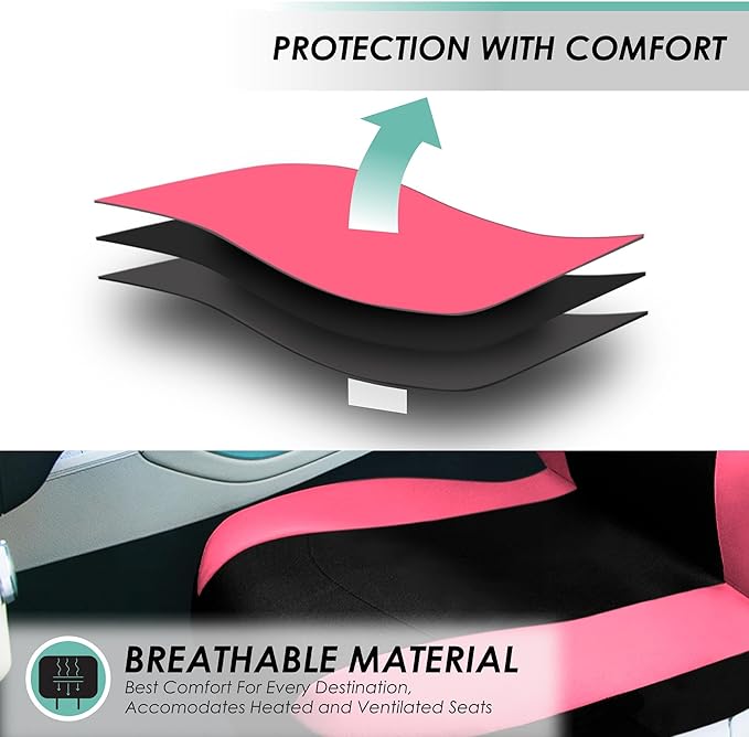FH Group Full Set Cloth Car Seat Covers, Universal Fit combo, Low Back Front Seat Covers, Airbag Compatible, Split Bench Rear Seat, Washable Seat Cover for SUV, Sedan, Van, Pink